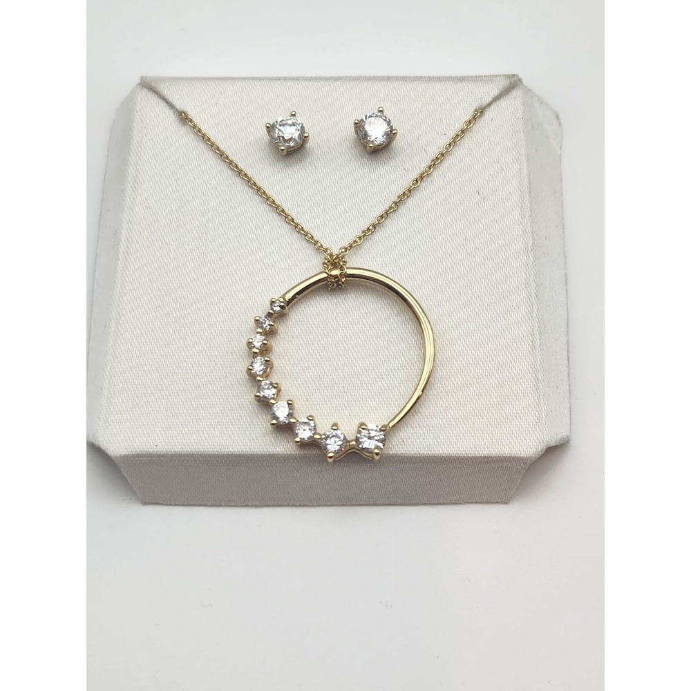 Gold Tone 925 Sterling Silver Cubic Zirconia Circle‎ Necklace and Earring Set